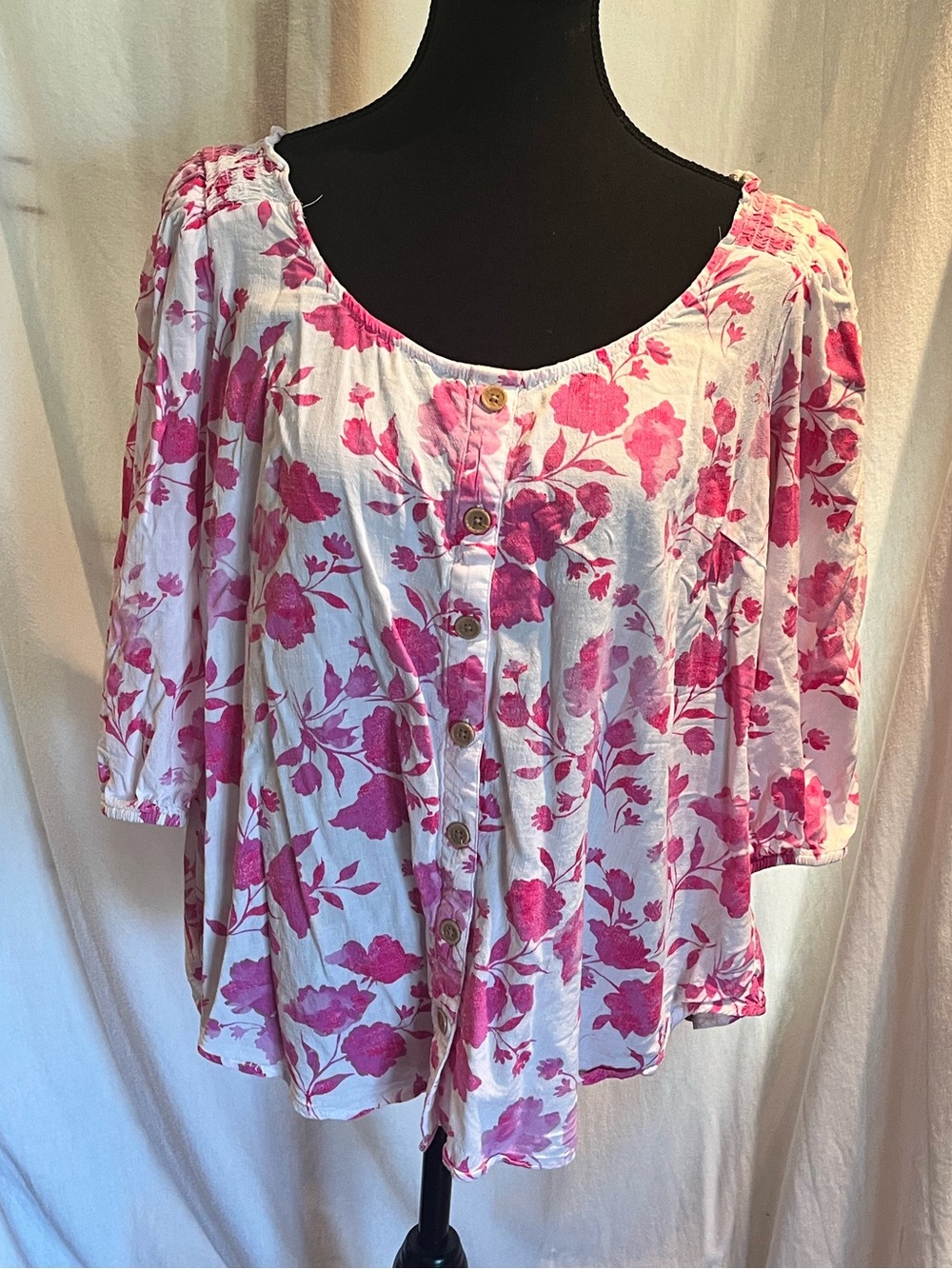 torrid White Button-Front Top with Pink Floral Print Elastic at the shoulder